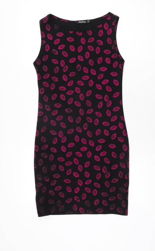 Boohoo Womens Black Geometric Polyester Bodycon Size 10 Boat Neck Pullover