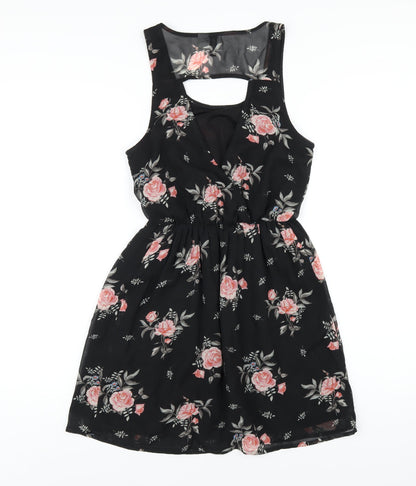 H&M Womens Black Floral Polyester A-Line Size 8 Scoop Neck Pullover
