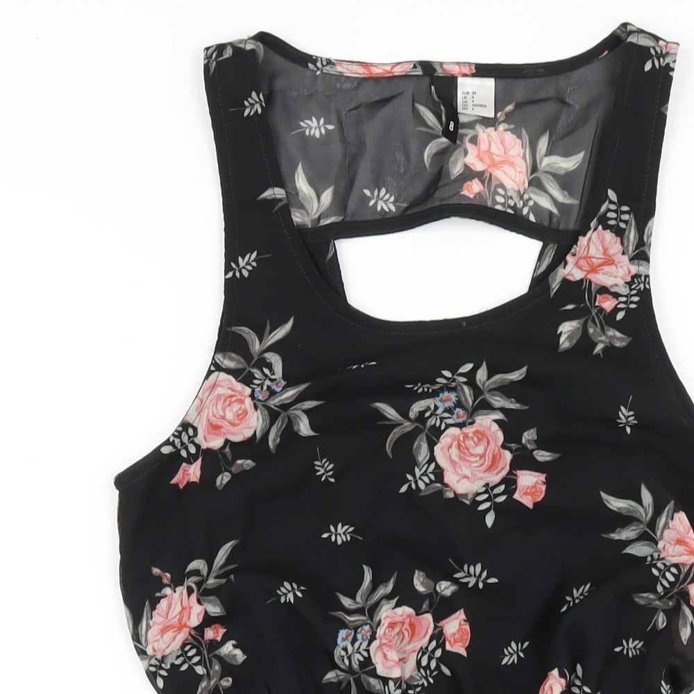 H&M Womens Black Floral Polyester A-Line Size 8 Scoop Neck Pullover