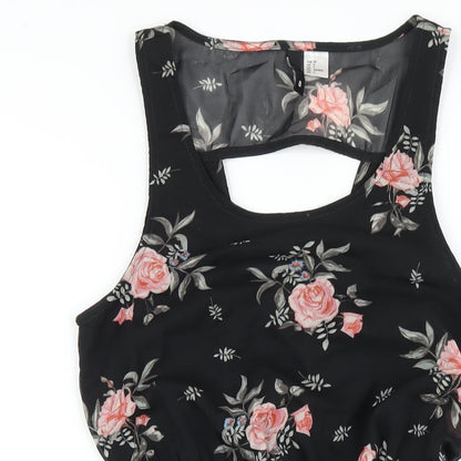 H&M Womens Black Floral Polyester A-Line Size 8 Scoop Neck Pullover