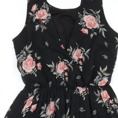 H&M Womens Black Floral Polyester A-Line Size 8 Scoop Neck Pullover