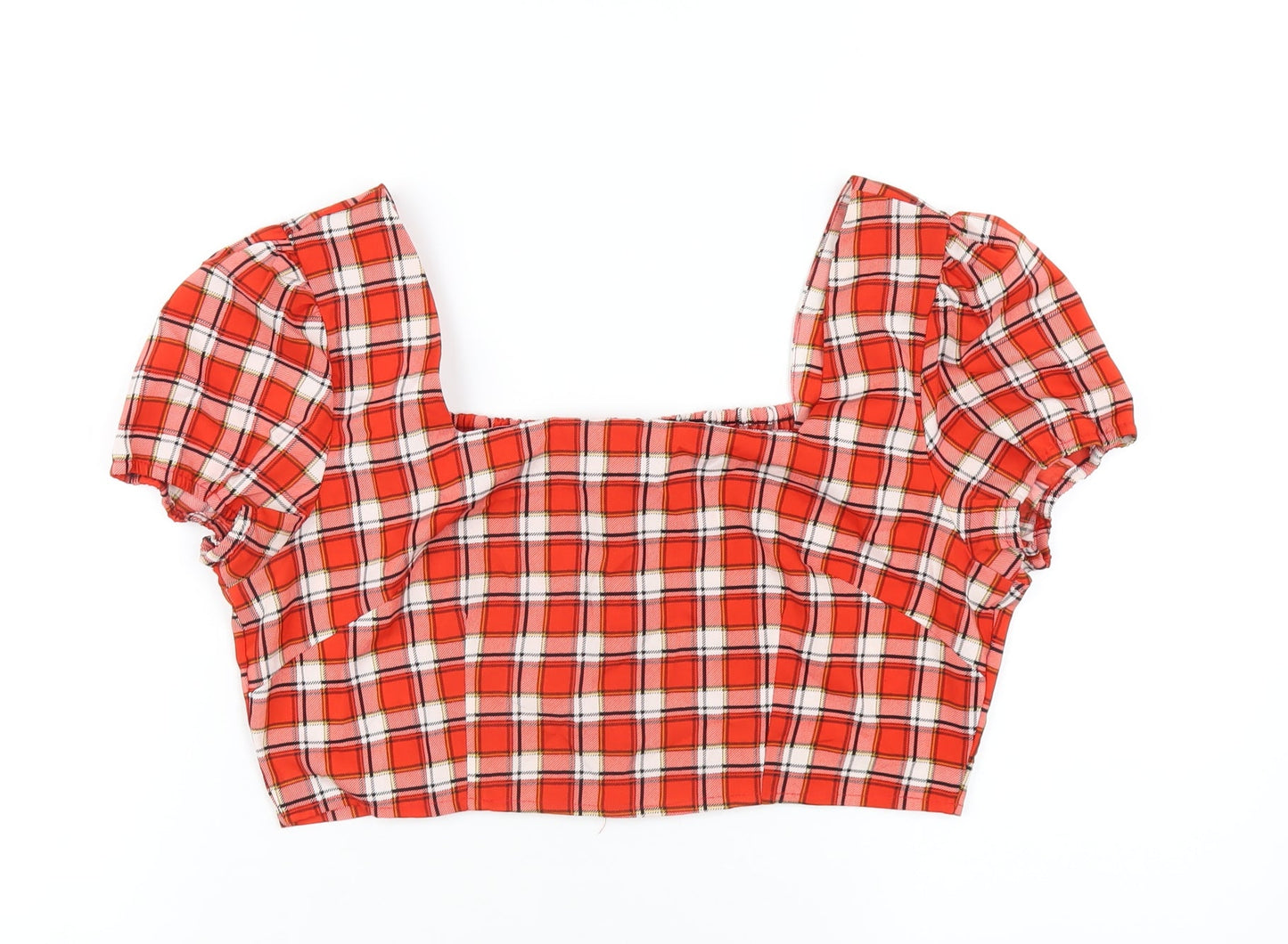 Boohoo Womens Red Plaid Polyester Cropped T-Shirt Size 12 Square Neck