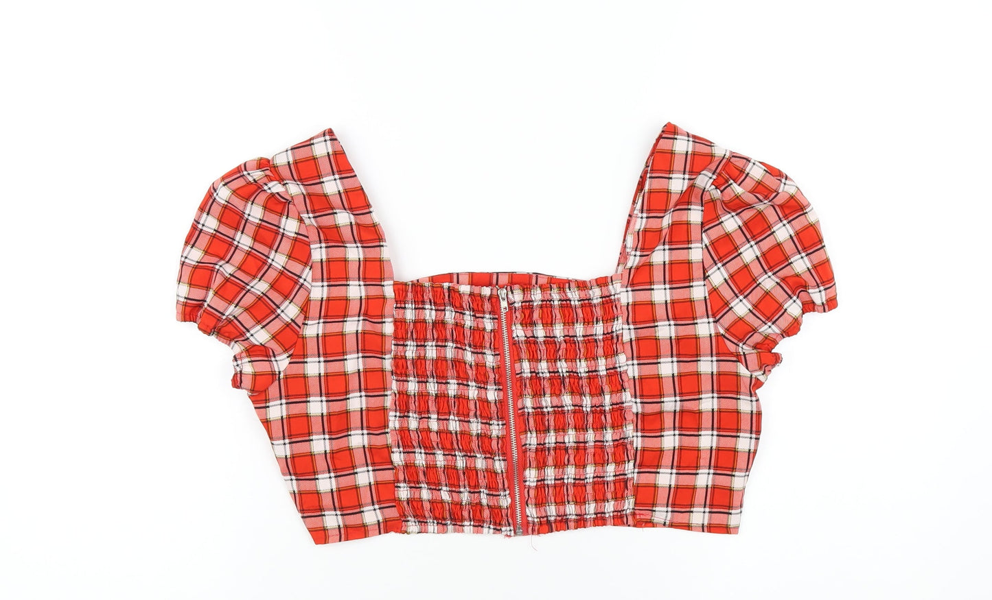 Boohoo Womens Red Plaid Polyester Cropped T-Shirt Size 12 Square Neck