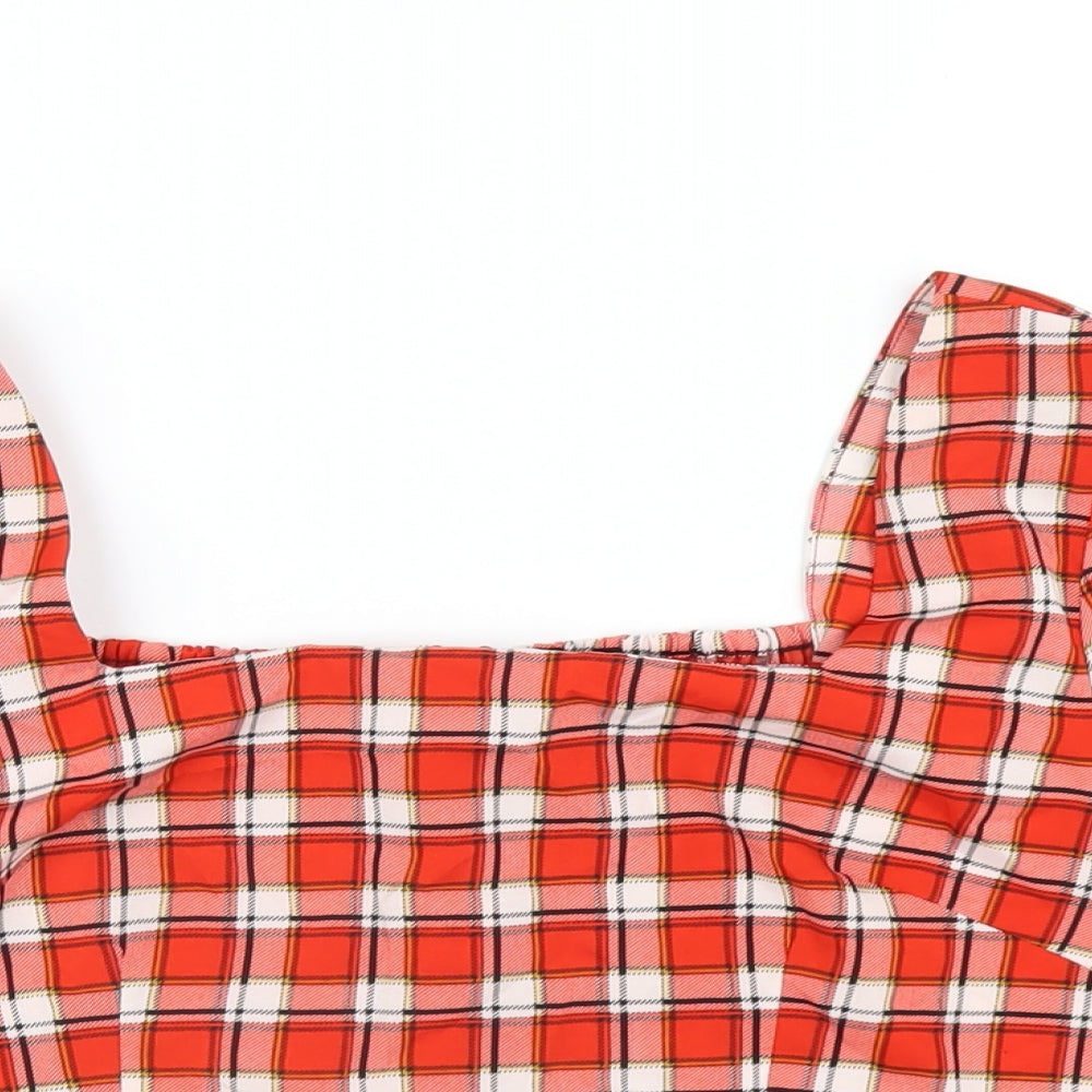 Boohoo Womens Red Plaid Polyester Cropped T-Shirt Size 12 Square Neck