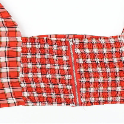Boohoo Womens Red Plaid Polyester Cropped T-Shirt Size 12 Square Neck