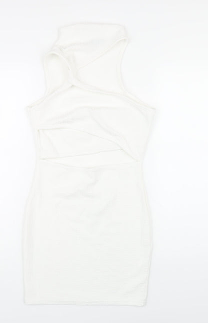 PRETTYLITTLETHING Womens White Polyester Bodycon Size 10 Mock Neck Pullover - Cut Out Twist Front