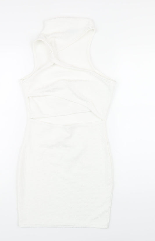 PRETTYLITTLETHING Womens White Polyester Bodycon Size 10 Mock Neck Pullover - Cut Out Twist Front