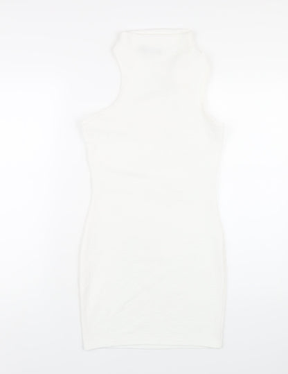 PRETTYLITTLETHING Womens White Polyester Bodycon Size 10 Mock Neck Pullover - Cut Out Twist Front