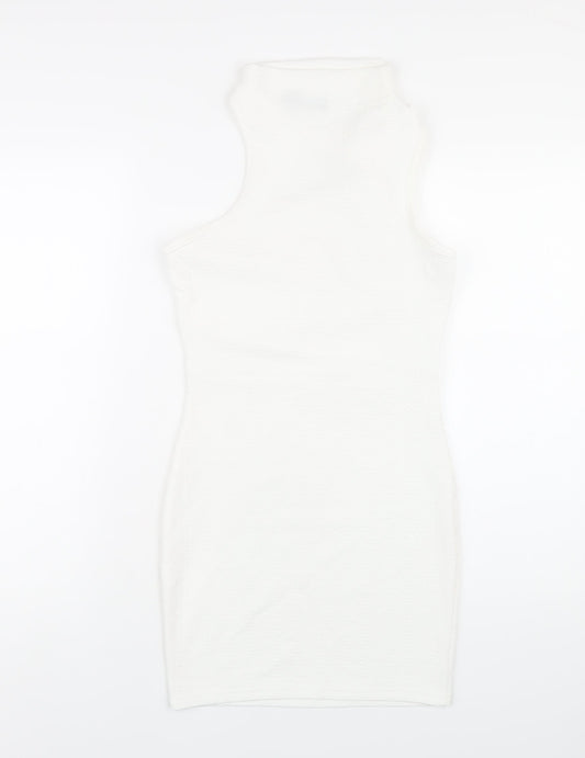 PRETTYLITTLETHING Womens White Polyester Bodycon Size 10 Mock Neck Pullover - Cut Out Twist Front