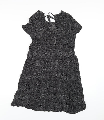 H&M Womens Black Geometric Viscose A-Line Size 4 Round Neck Tie