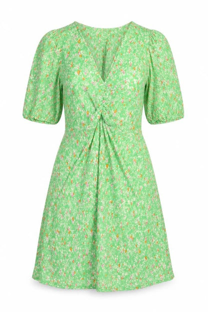 Mago Womens Green Floral Polyester A-Line Size S V-Neck Pullover
