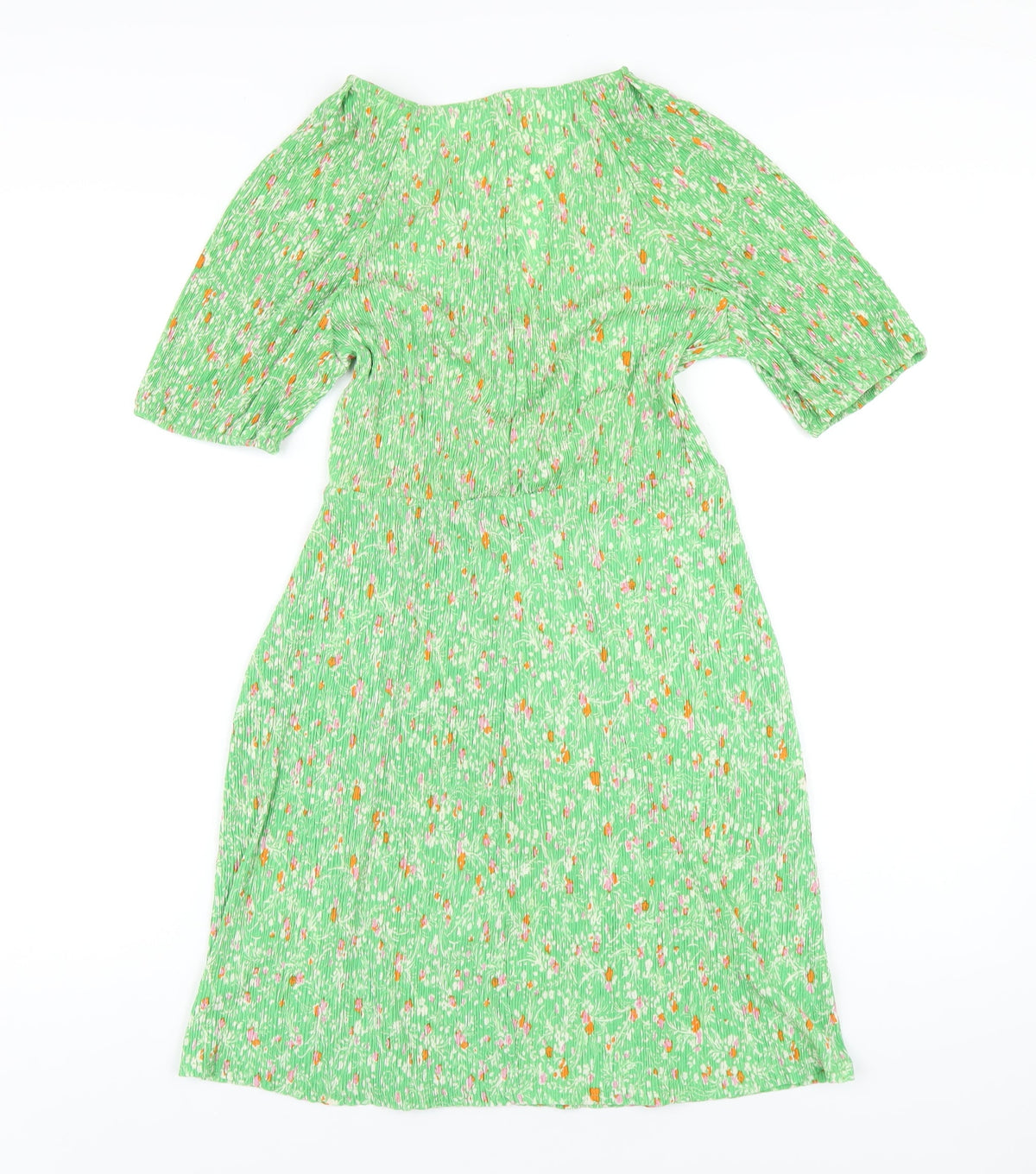 Mago Womens Green Floral Polyester A-Line Size S V-Neck Pullover
