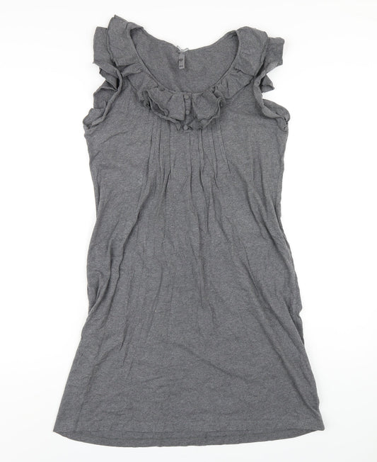NEXT Womens Grey Cotton A-Line Size 12 Scoop Neck Pullover - Ruffle Neckline