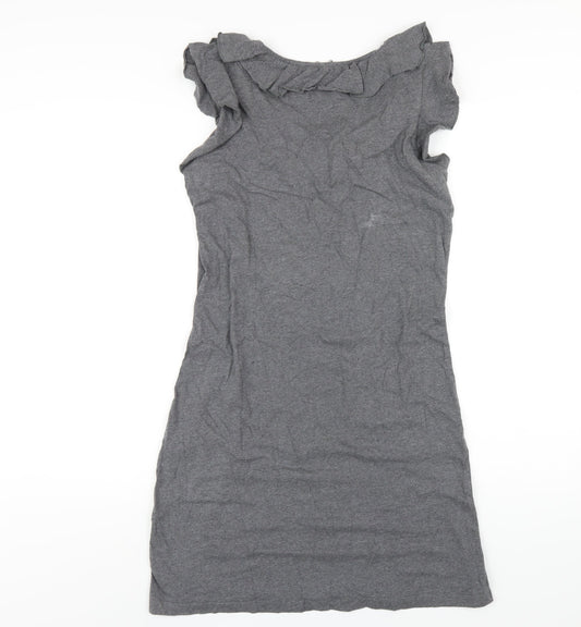 NEXT Womens Grey Cotton A-Line Size 12 Scoop Neck Pullover - Ruffle Neckline