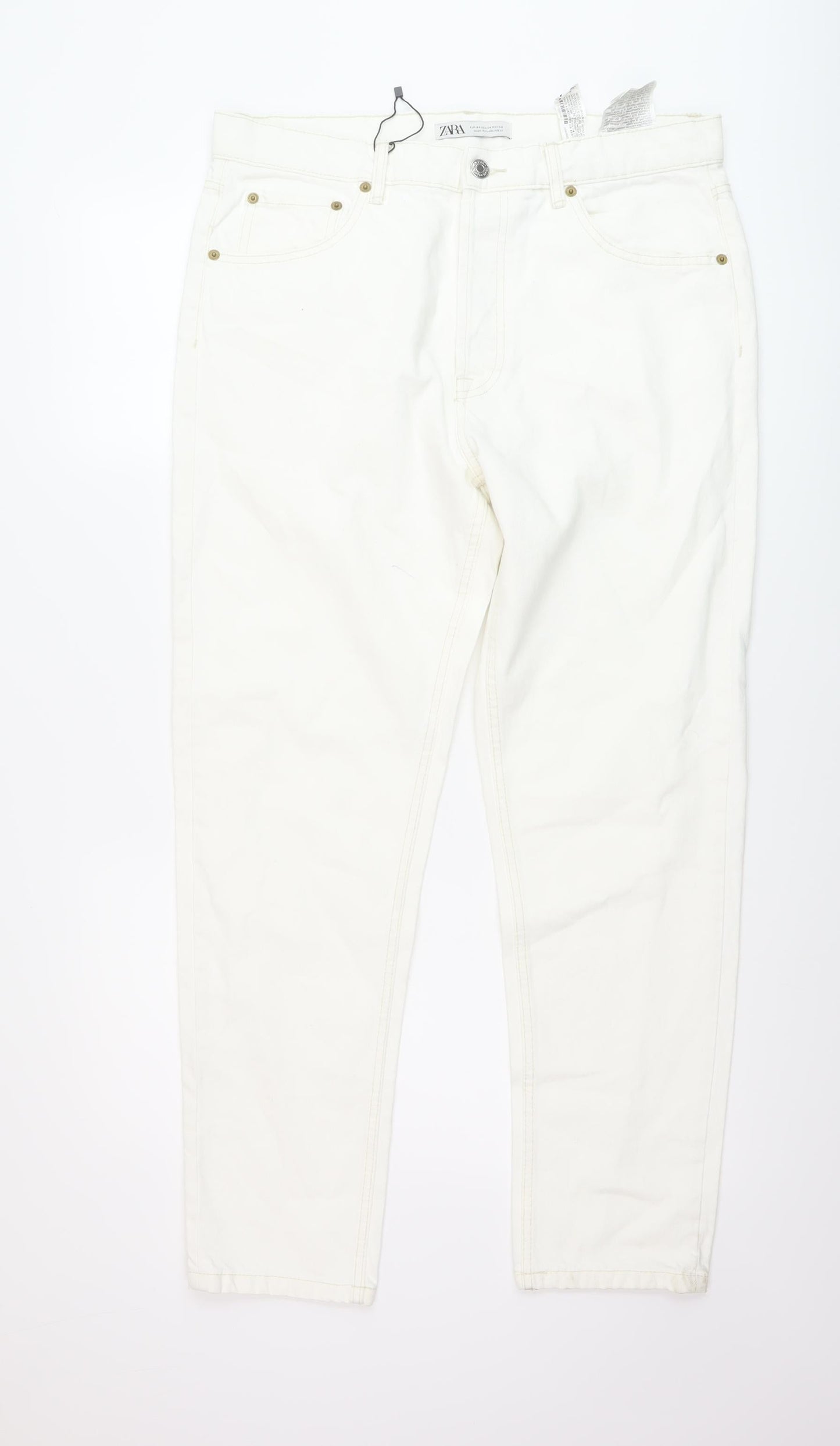 Zara Womens White Cotton Straight Jeans Size 16 L29 in Regular Button