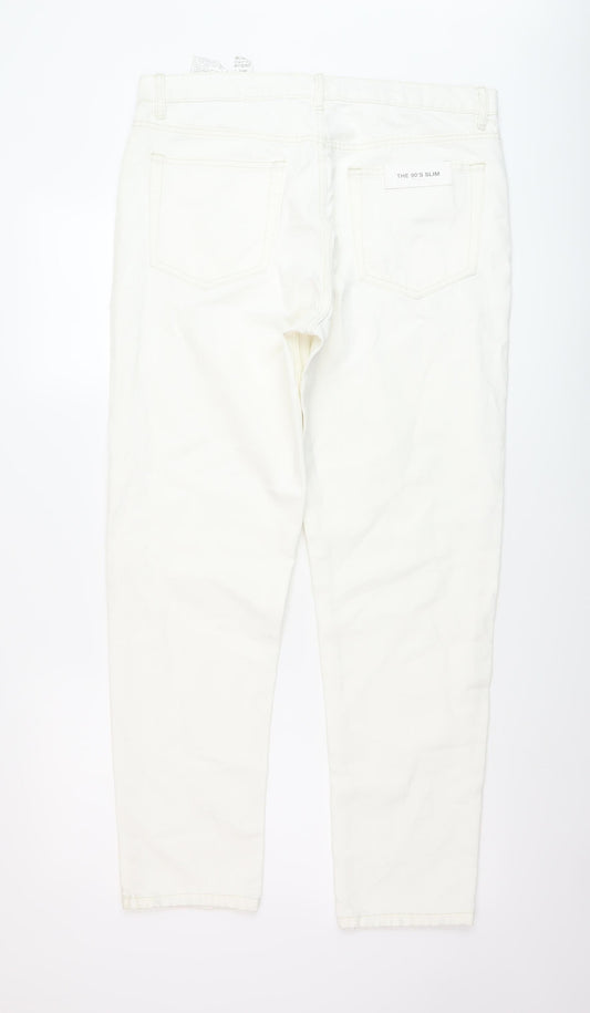 Zara Womens White Cotton Straight Jeans Size 16 L29 in Regular Button