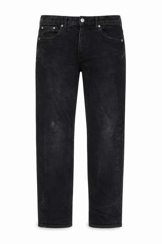 Front view of Easy men’s black cotton straight jeans, size 32, in, 30-inch leg regular button