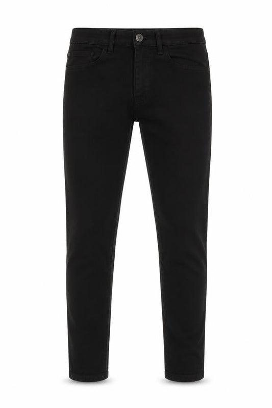 Front view of Denim & Co. men’s black cotton skinny jeans, size 30, in, 30-inch leg regular button