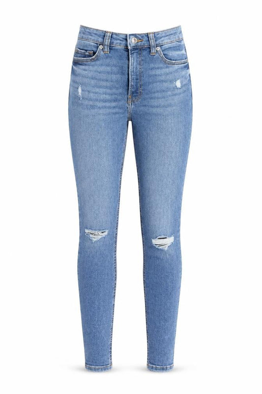 Front view of Denim & Co. women’s blue cotton skinny jeans, size UK 6, 28-inch leg regular button