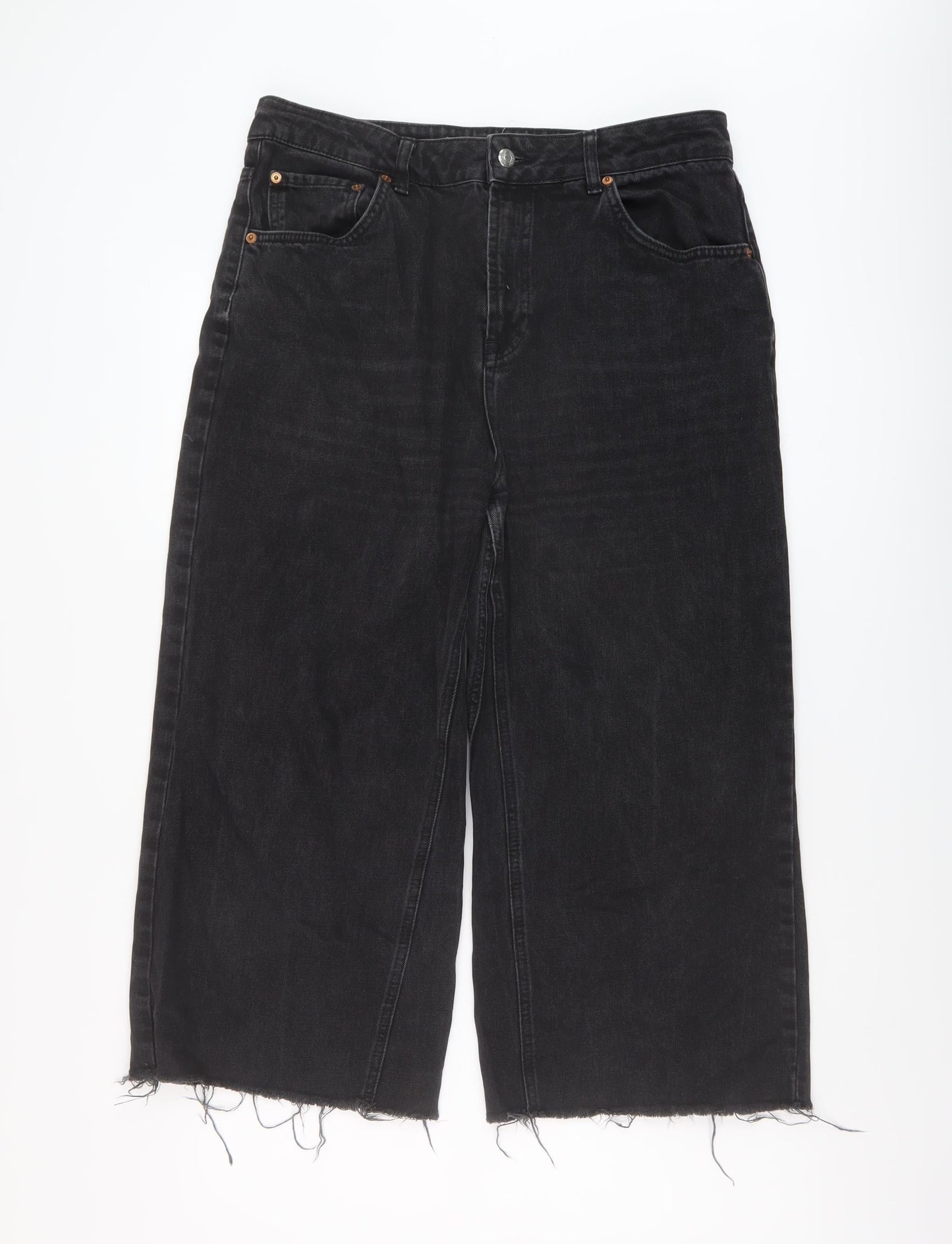 Topshop Womens Black Cotton Wide-Leg Jeans Size 34 in L22 in Regular Button