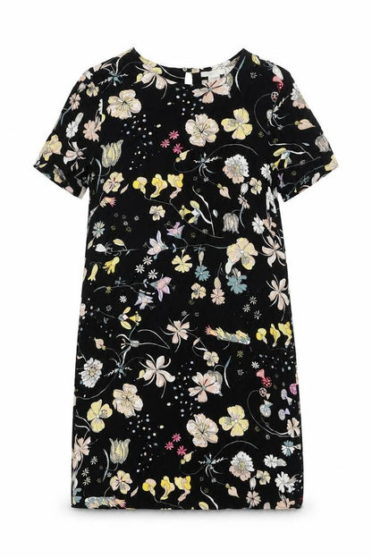 H&M Womens Black Geometric Viscose Shift Size 8 Round Neck Button - Floral Print