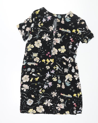 H&M Womens Black Geometric Viscose Shift Size 8 Round Neck Button - Floral Print