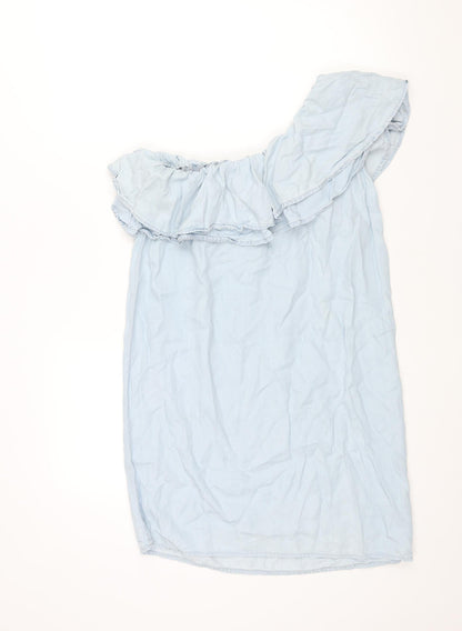 New Look Womens Blue Lyocell Shift Size 12 One Shoulder Pullover - Frill