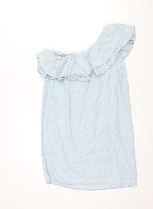 New Look Womens Blue Lyocell Shift Size 12 One Shoulder Pullover - Frill