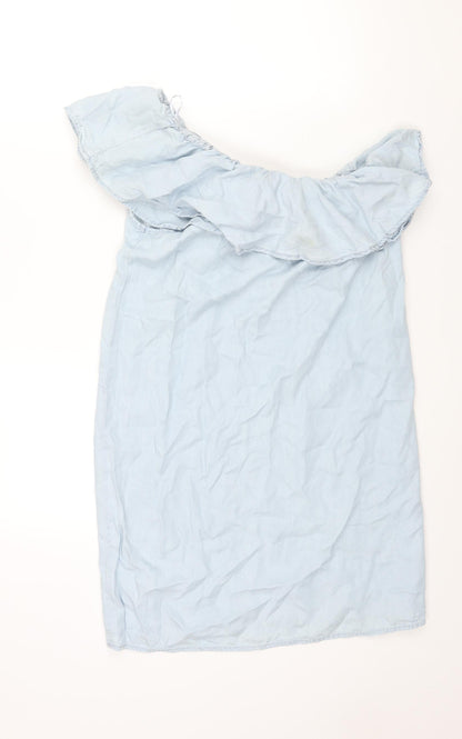 New Look Womens Blue Lyocell Shift Size 12 One Shoulder Pullover - Frill