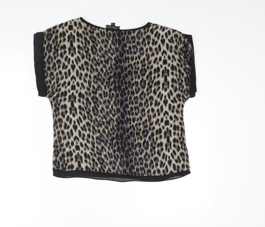 Topshop Womens Beige Animal Print Polyester Basic Blouse Size 8 Round Neck - Leopard Print