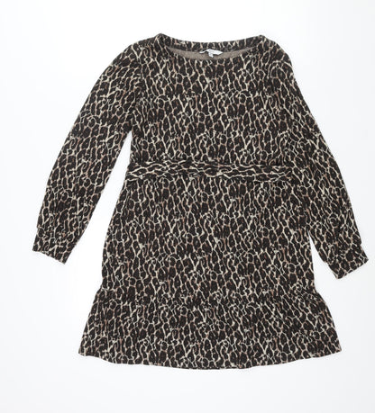 NEXT Womens Brown Animal Print Viscose A-Line Size 10 Round Neck Pullover - Leopard Print Frill Belted