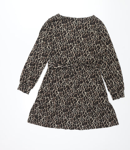 NEXT Womens Brown Animal Print Viscose A-Line Size 10 Round Neck Pullover - Leopard Print Frill Belted