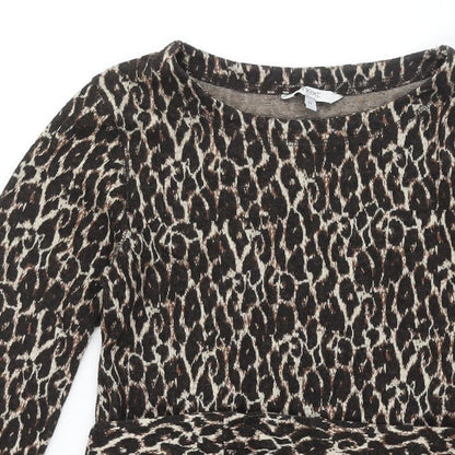 NEXT Womens Brown Animal Print Viscose A-Line Size 10 Round Neck Pullover - Leopard Print Frill Belted
