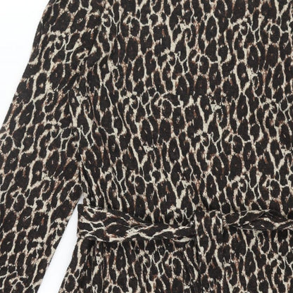 NEXT Womens Brown Animal Print Viscose A-Line Size 10 Round Neck Pullover - Leopard Print Frill Belted