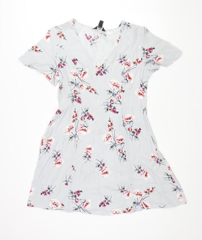 New Look Womens Grey Floral Viscose A-Line Size 12 V-Neck Pullover - Belted
