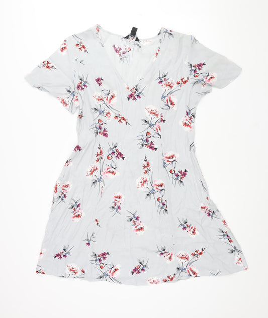 New Look Womens Grey Floral Viscose A-Line Size 12 V-Neck Pullover - Belted