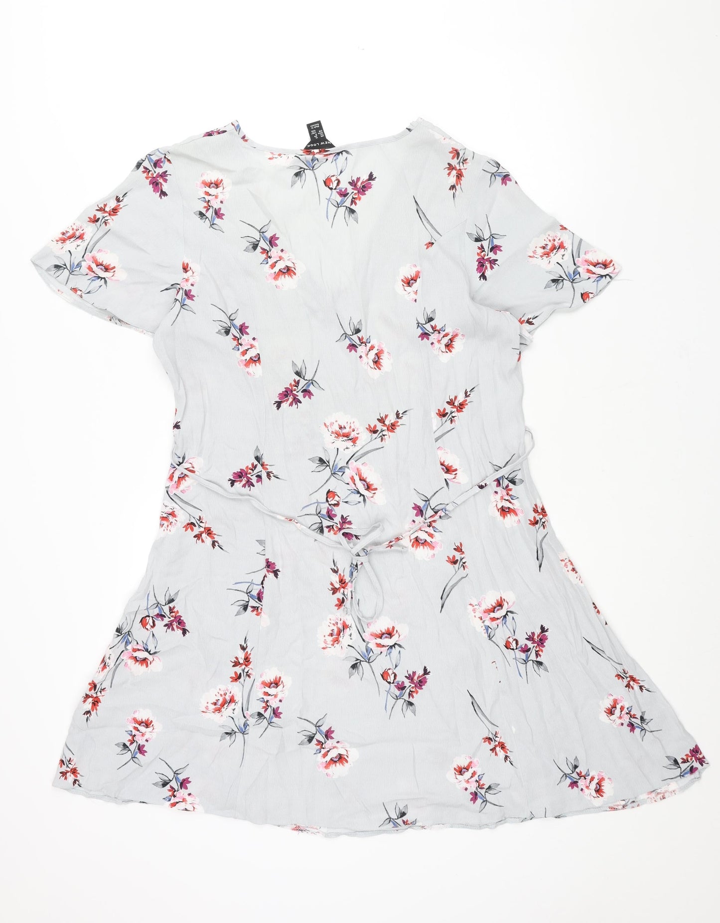 New Look Womens Grey Floral Viscose A-Line Size 12 V-Neck Pullover - Belted