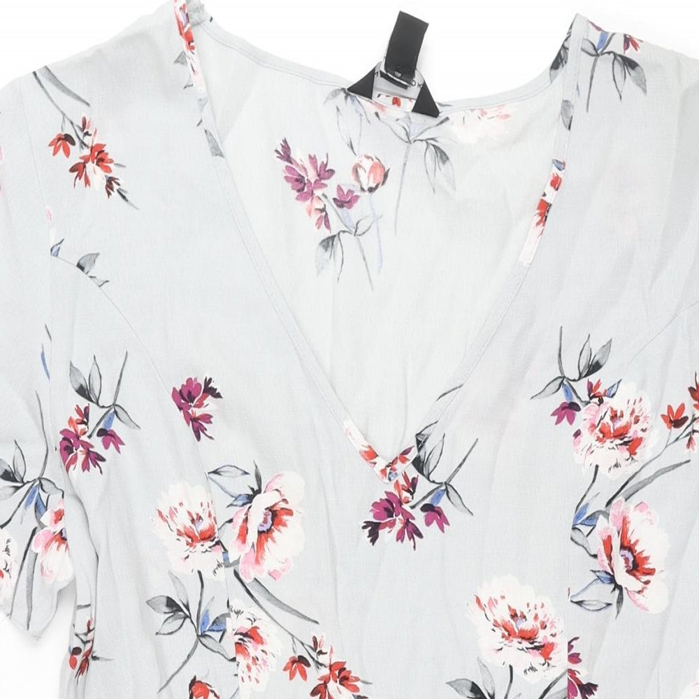 New Look Womens Grey Floral Viscose A-Line Size 12 V-Neck Pullover - Belted