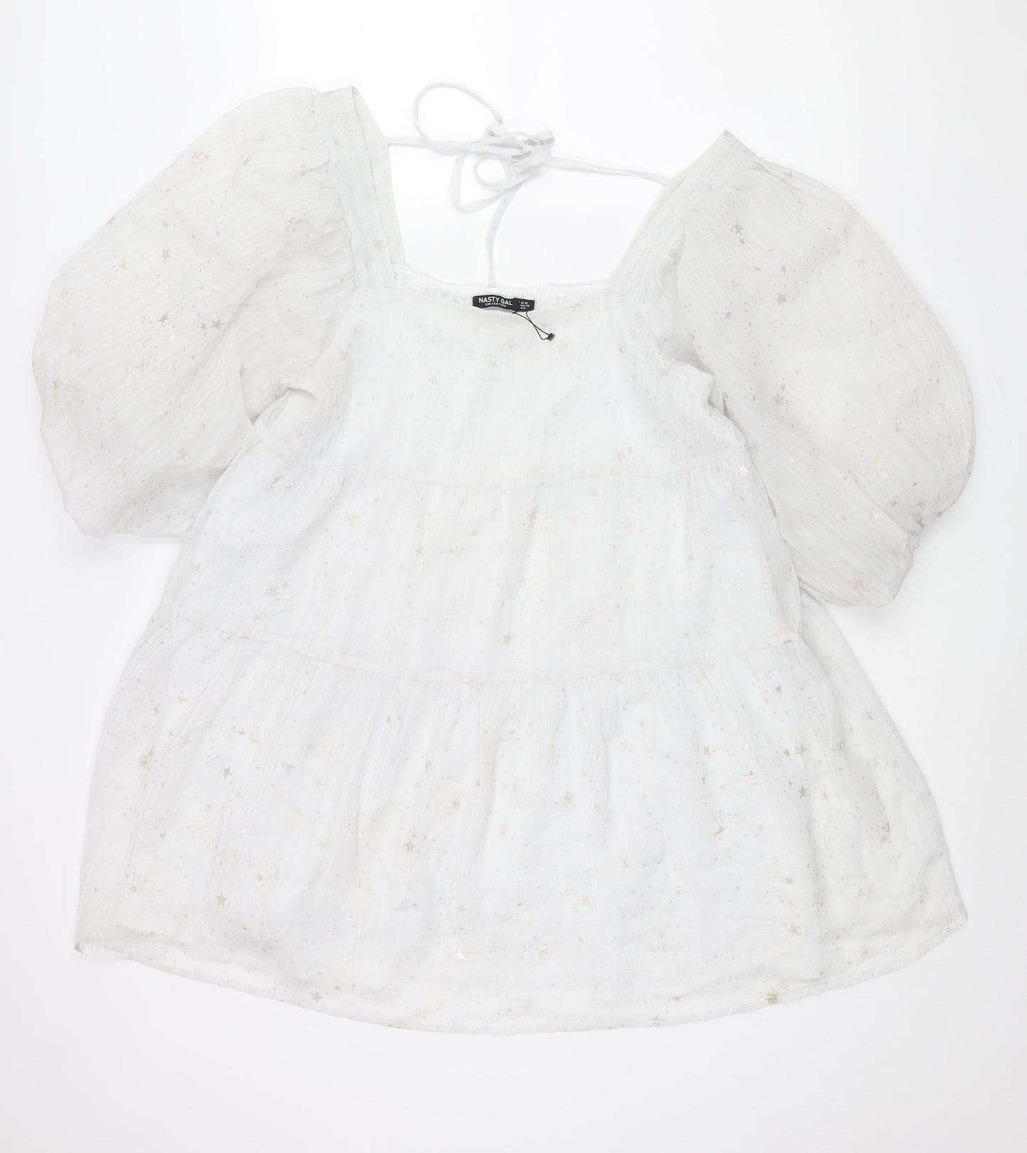 Nasty Gal Womens White Geometric Polyester A-Line Size 12 Square Neck Tie - Puff Sleeve Star Print Smocked