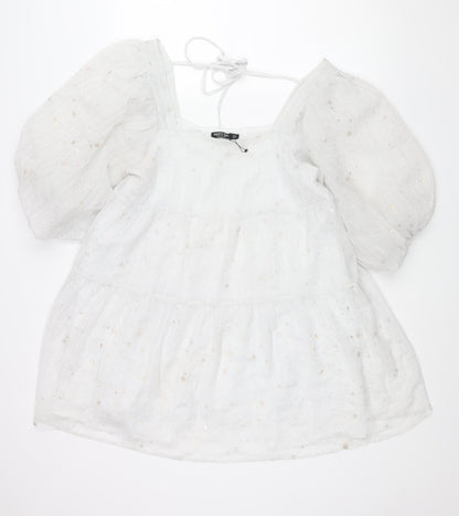 Nasty Gal Womens White Geometric Polyester A-Line Size 12 Square Neck Tie - Puff Sleeve Star Print Smocked