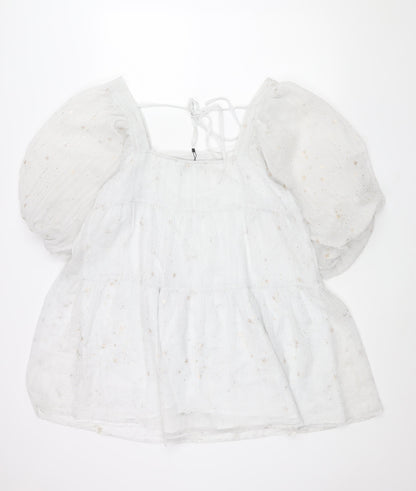 Nasty Gal Womens White Geometric Polyester A-Line Size 12 Square Neck Tie - Puff Sleeve Star Print Smocked