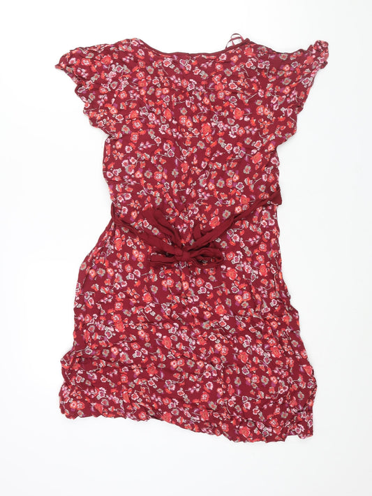 BHS Womens Red Floral Viscose Shift Size 16 Round Neck Tie - Keyhole Neck Belted