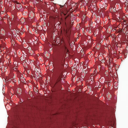 BHS Womens Red Floral Viscose Shift Size 16 Round Neck Tie - Keyhole Neck Belted