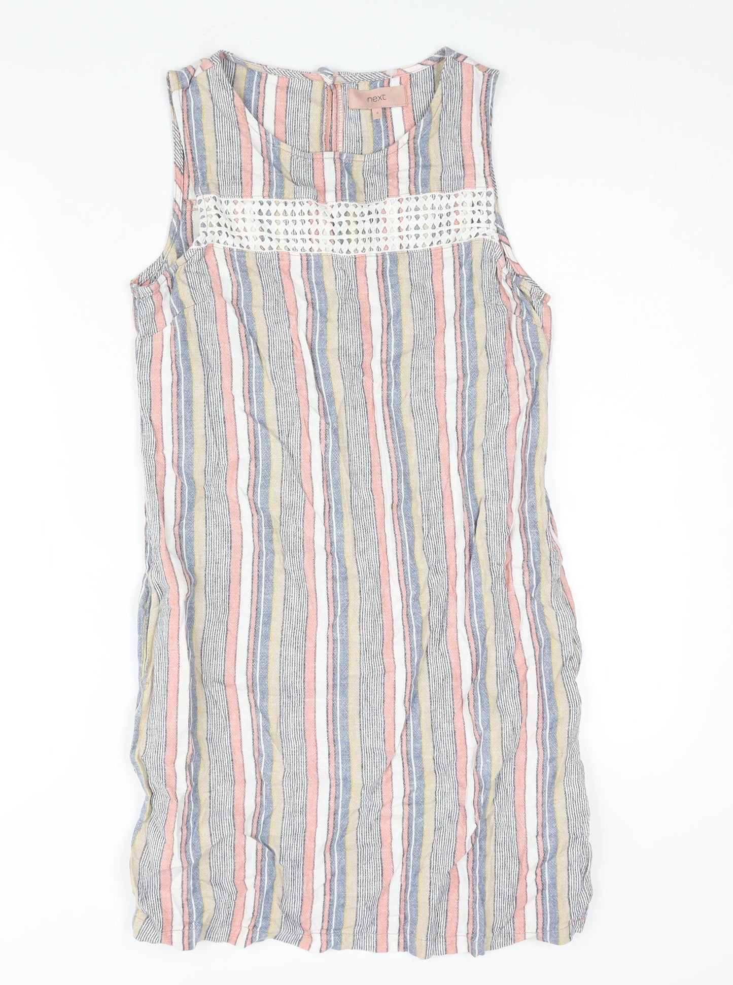 NEXT Womens Multicoloured Striped Linen Shift Size 8 Round Neck Button - Lace Detail