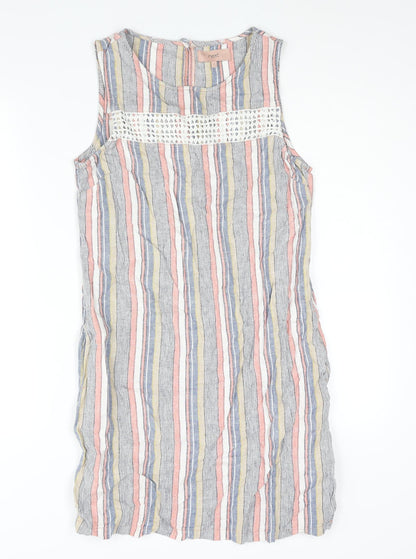 NEXT Womens Multicoloured Striped Linen Shift Size 8 Round Neck Button - Lace Detail