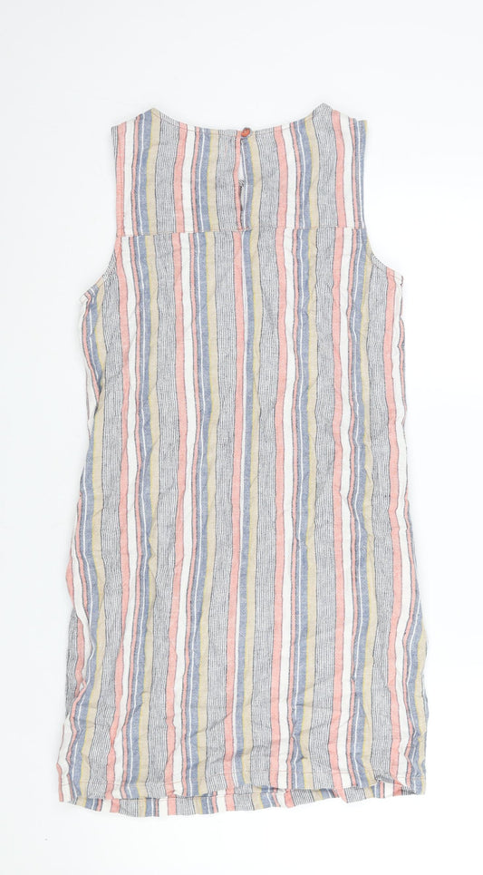 NEXT Womens Multicoloured Striped Linen Shift Size 8 Round Neck Button - Lace Detail