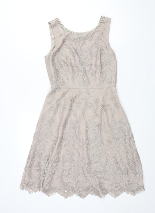 Monsoon Womens Beige Polyester A-Line Size 10 V-Neck Zip - Button Detail Pearl Neckline