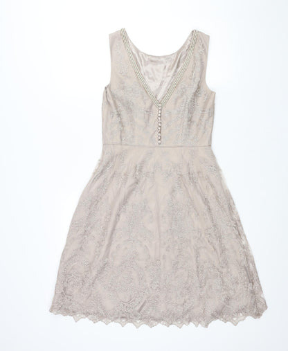 Monsoon Womens Beige Polyester A-Line Size 10 V-Neck Zip - Button Detail Pearl Neckline