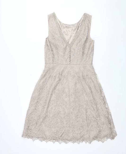 Monsoon Womens Beige Polyester A-Line Size 10 V-Neck Zip - Button Detail Pearl Neckline