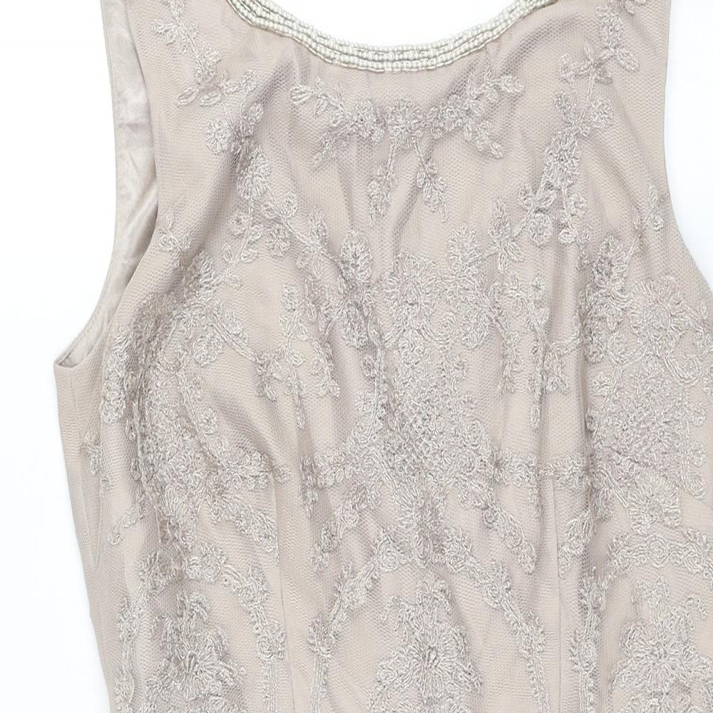 Monsoon Womens Beige Polyester A-Line Size 10 V-Neck Zip - Button Detail Pearl Neckline